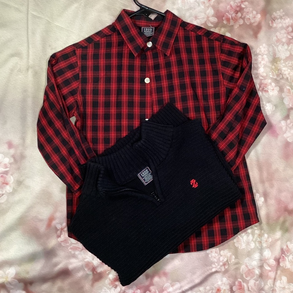 1749. Izod Boys 2PC Buffalo Plaid Long Sleeve Button Up XS 4/5